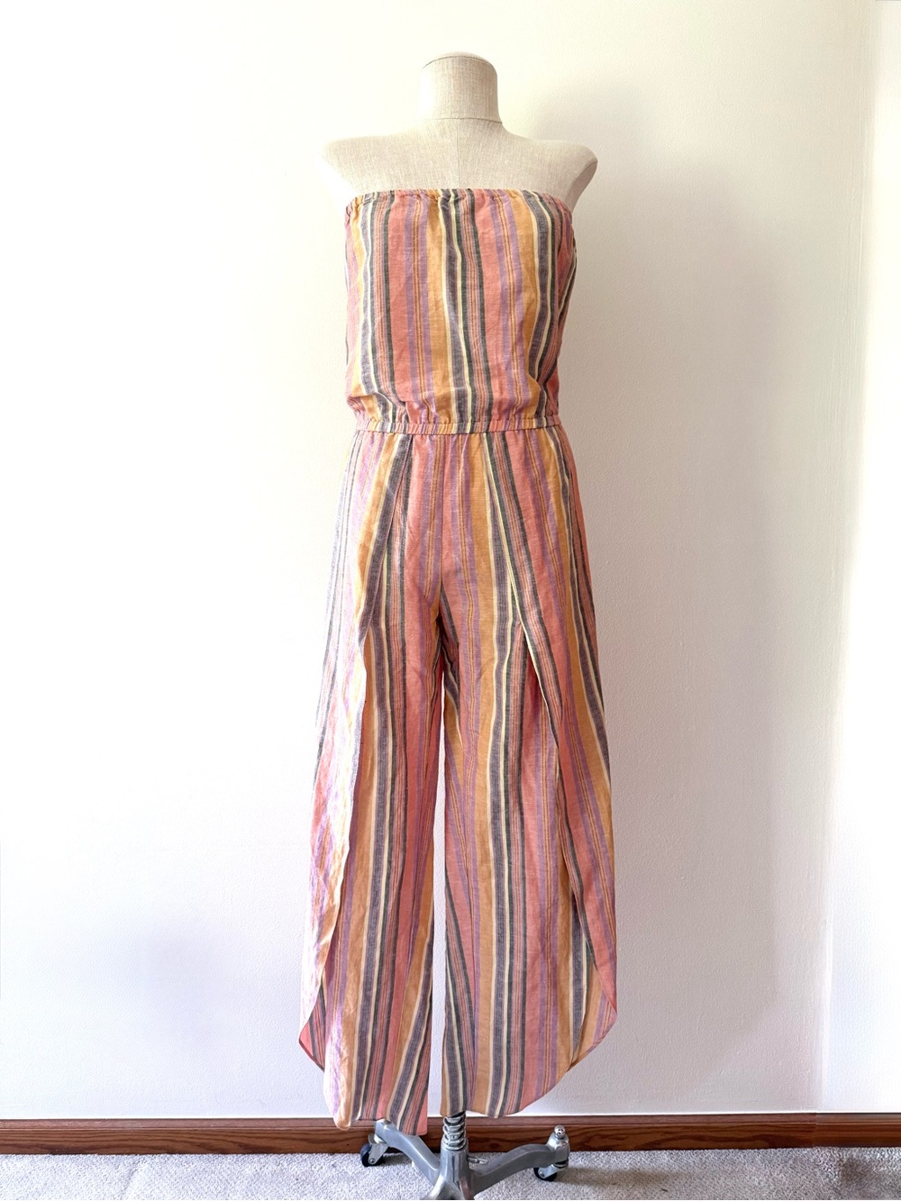 Anthro Drew Emerson XS Linen Strapless Tulip Split Leg Rainbow Striped Jumpsuit - Picture 4 of 15